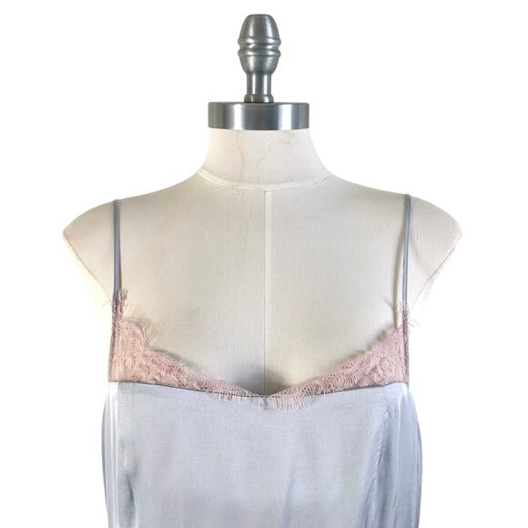 Anthropologie Asymmetrical Hem Lace Trim Silky Cami Midi Dress Silver Argent - Picture 6 of 14